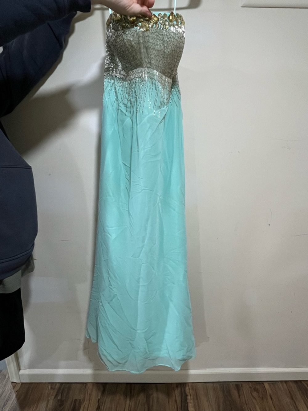 Bari Jay Mint Chiffon Maxi with Gold Sequin Strapless Bodice